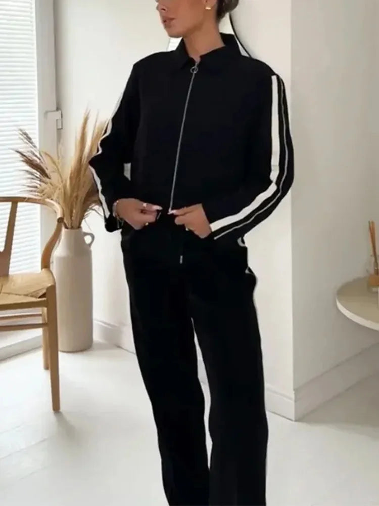 HH 2024 Women Stripe Top Trousers Sports Suits Female Long Sleeves Zip Lapel Coat+High Waist Wide Leg Pants Two-piece Set