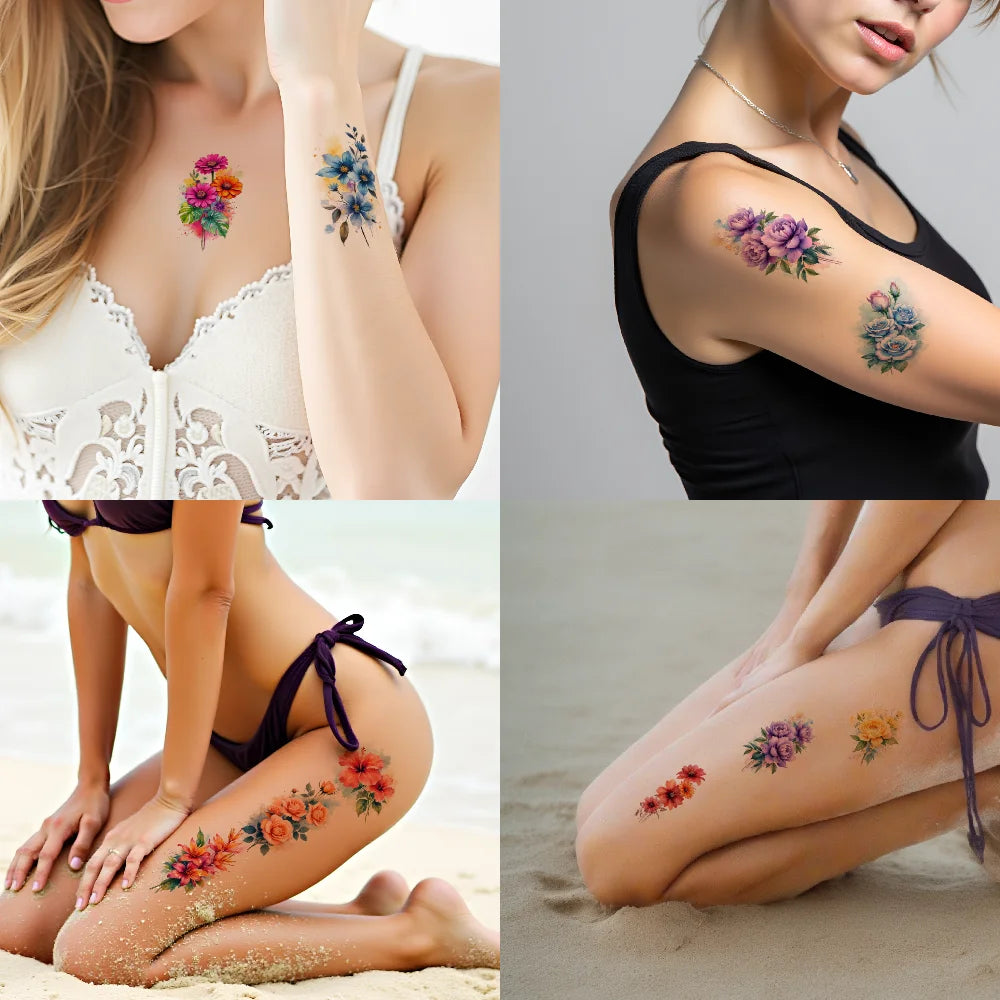 9pcs Colorful Flower Temporary Tattoos Stickers 3D Disposable Body Arm Tatoo Sticker Men Women Waterproof Fake Tatoos