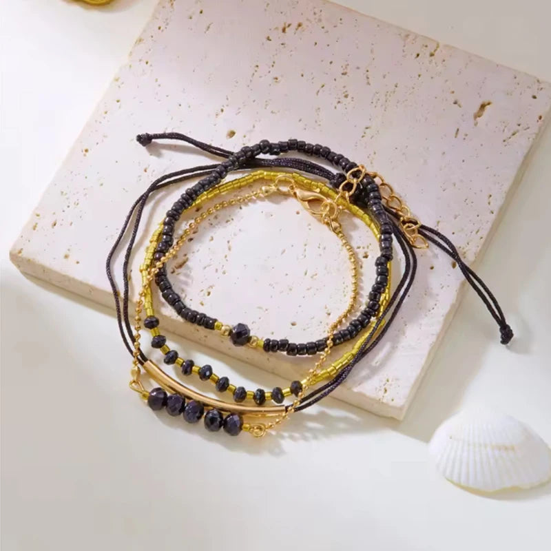 New Fashion 4Pcs/Set Vintage Black Hand Bracelet With Hand-Woven Beaded Simple Women Fine Popular Jewelry Accessories Wholesale