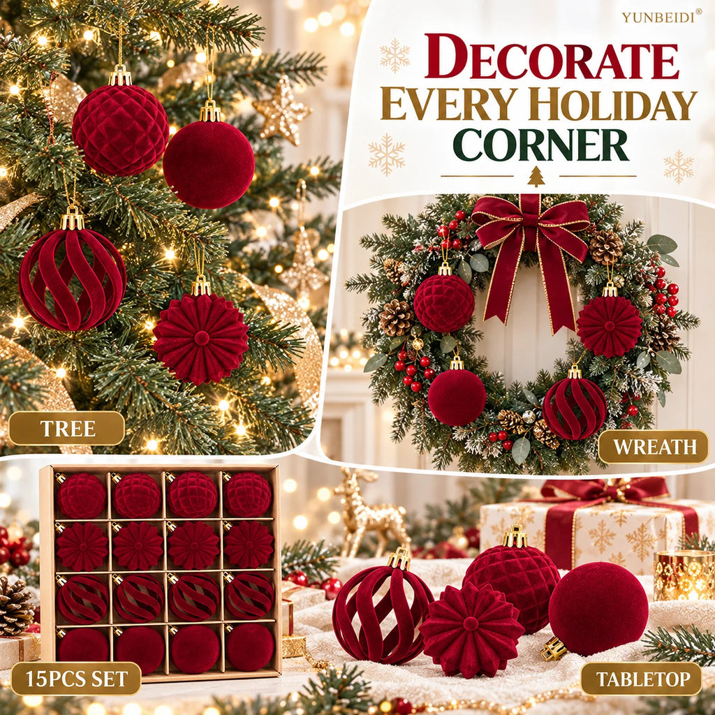 6CM Christmas Balls Set 15PCS Soft Velvet Flocked Ball Ornaments 4 Shapes Christmas Tree Decorations Home Gift Holiday Decor