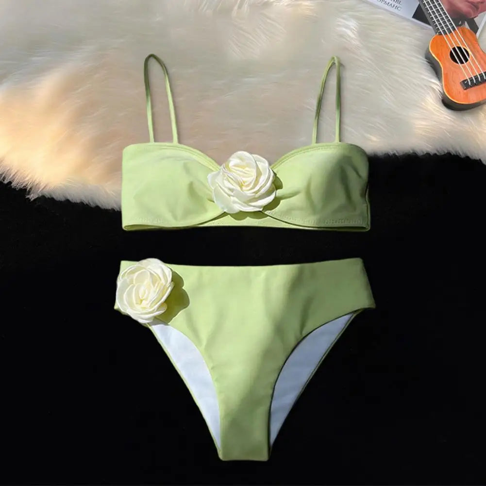 New Women Bikini Set 3D Flower Decor Adjustable Straps Tube Top Bikini Bra High Waist Swimming Trunks Set Sexy Beach Swimwear