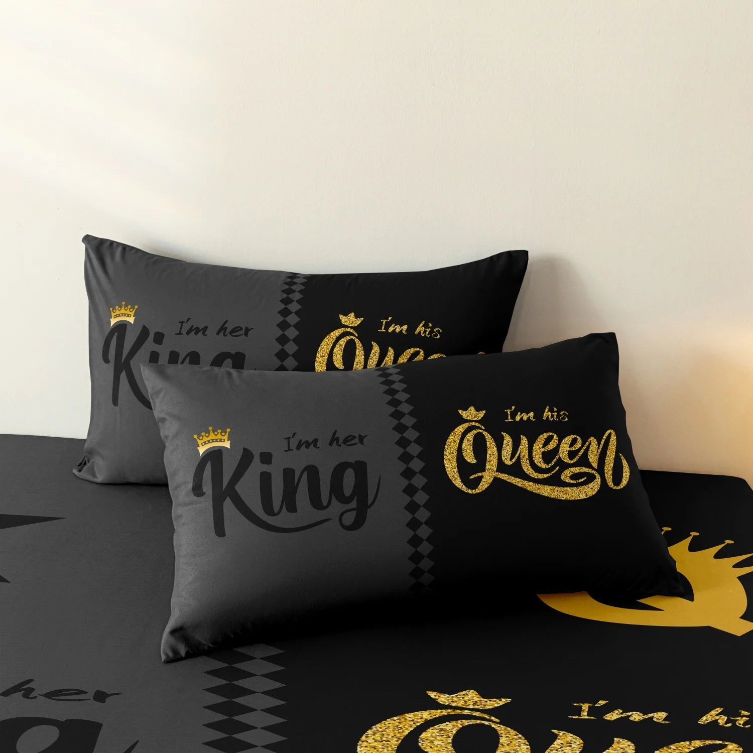 3pcs Fashionable Black Gray Queen & King Crown Printed Bedding Set  Duvet Cover Soft  Comfortable And Breathable, Bedroom, Hotel