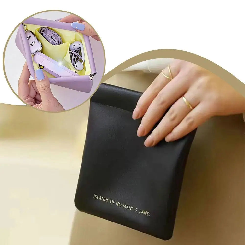Automatic Closure Bullet Storage Bag, Mini Portable PU Lipstick Makeup Pouch, Self-Closing Spring Design for Earphones & Small