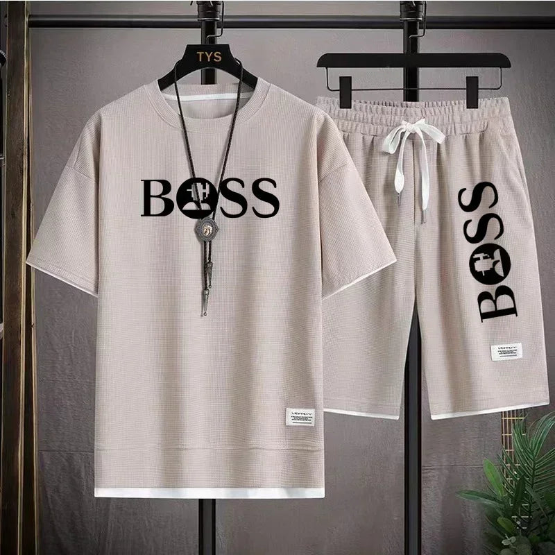 Summer 2025 new men's breathable short-sleeved T-shirt + quick-drying shorts two-piece set, outdoor fashionable men's sportswear