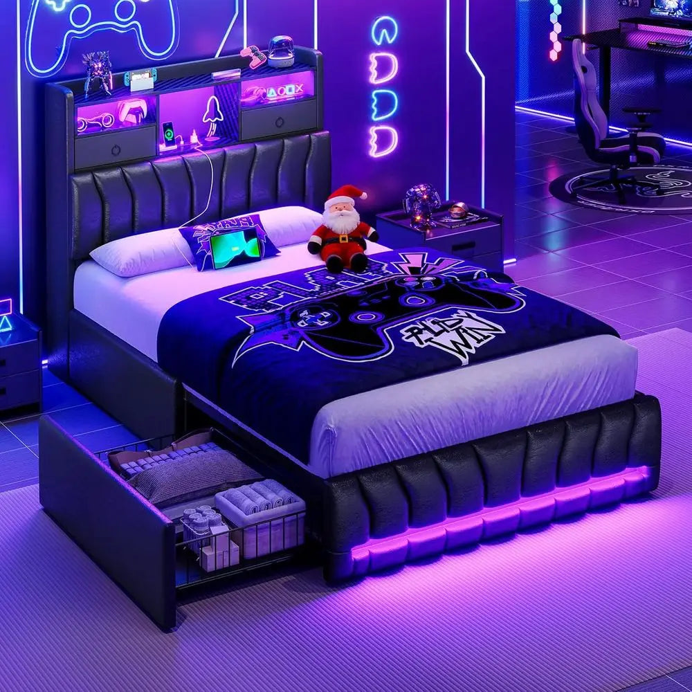 Twin Size Bed Frames with Storage Headboard and Two Large Drawers, Gaming Bed with RGB Lighting and Charging Station, Leather Up