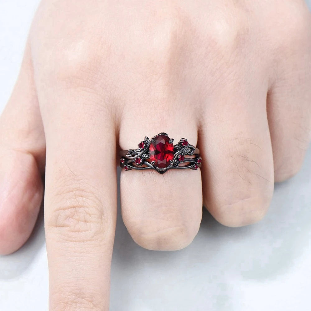 Two-piece Set Classic Gun Black Rose Branches Ring Women's Vintage Inlaid Red Cubic Zircon Finger Rings Fashion wedding Jewelry