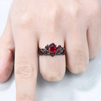 Two-piece Set Classic Gun Black Rose Branches Ring Women's Vintage Inlaid Red Cubic Zircon Finger Rings Fashion wedding Jewelry