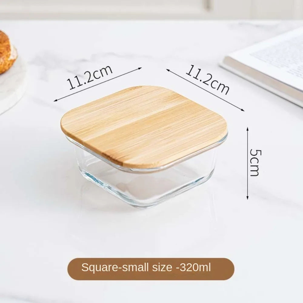 Glass Fresh-Keeping Box Heat-Resistant Bamboo Lid Microwave Oven Lunch Box Leakproof High Borosilicate Office Worker Bento Box