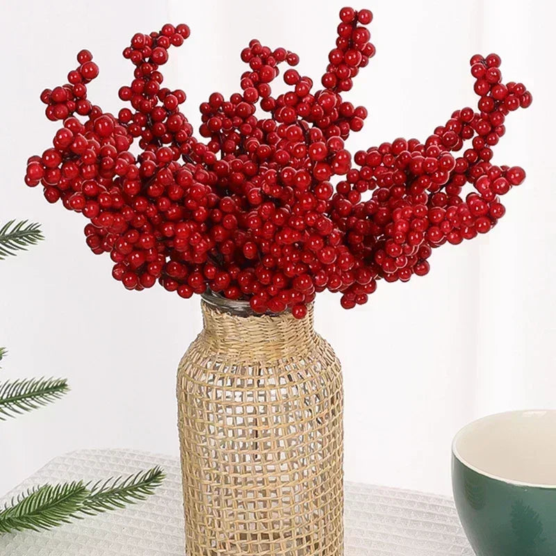 1/50PCS Christmas Artificial Red Berries Branches Xmas Tree Garland Flower Arrangement Branches Holly Berry Fake Flowers Plant