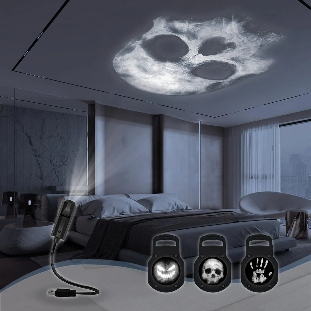 LED Projector Light Halloween Ghost Skull Night Light Switchable Pattern USB Projector Lamp for Room Ceiling Window Wall Decor