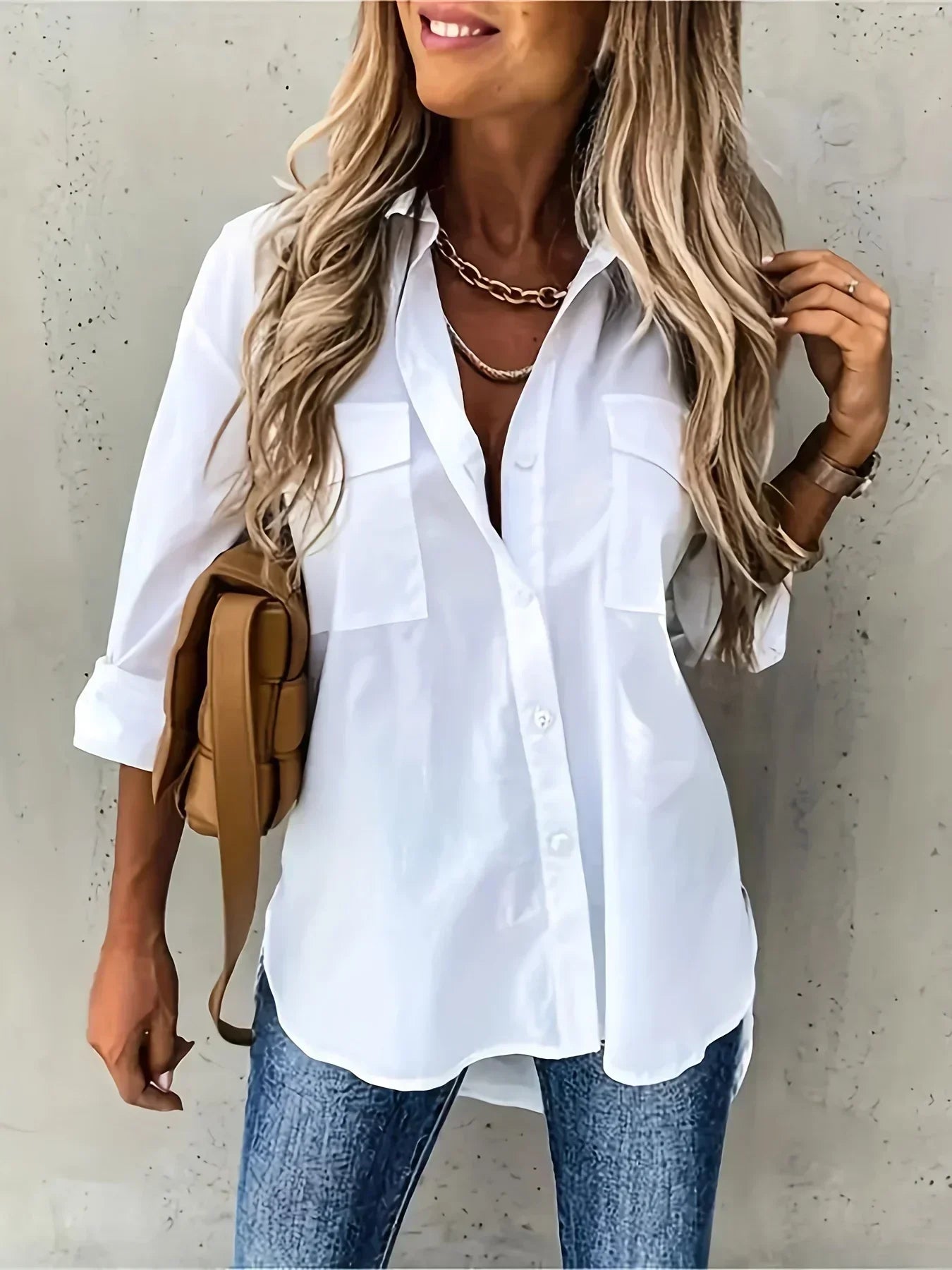 Plus Size 1XL-5XL Women Casual Loose and Simple Long Sleeved Shirt Fashion Solid Color Lapel Shirt Pocket Decoration Shirt