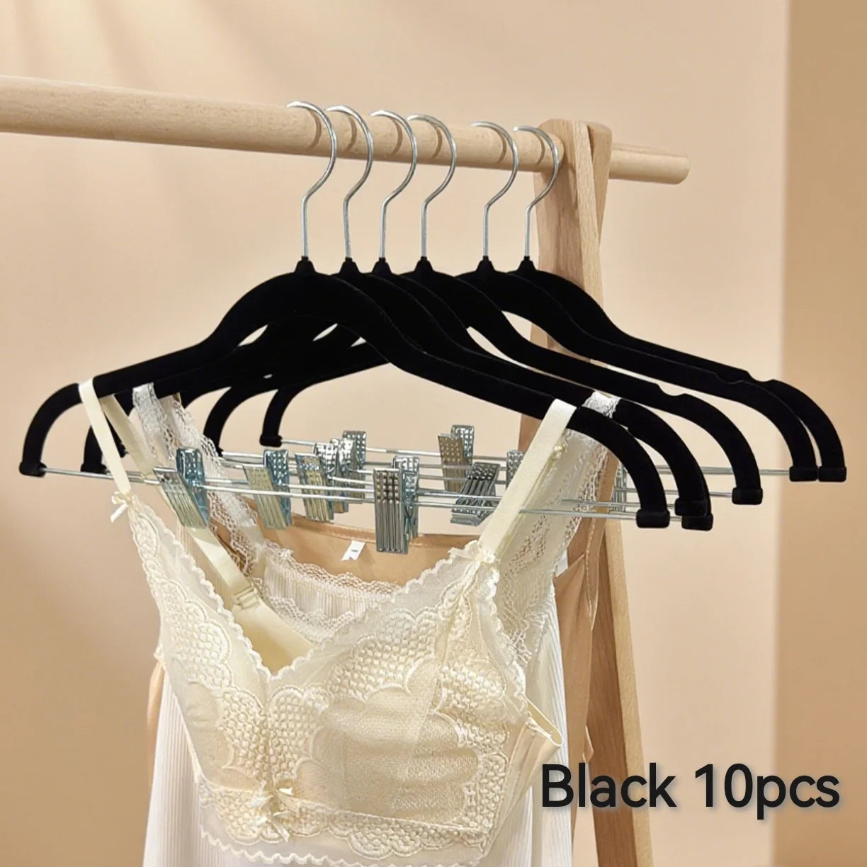 5/10 Pieces of Plastic Velvet-Coated Clothes Hangers, with Movable Strong Clips, Non-Slip and Anti-Fall, Suitable for Hanging Pants, Skirts, Bras, and Camisoles