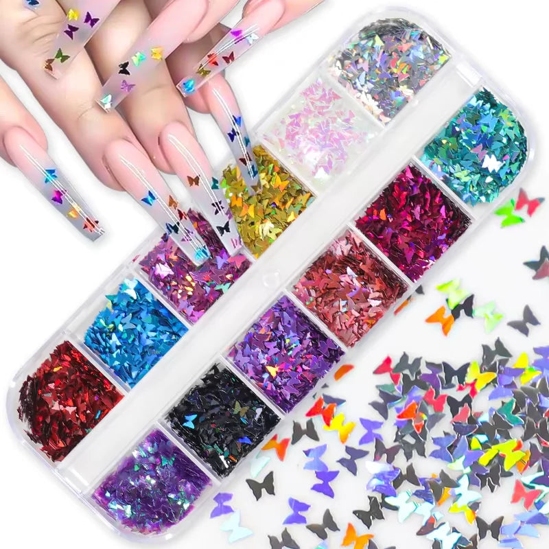 Holographic Sweet Love Heart Nail Art Glitter Sequins Shining Laser Fluorescence Star Butterfly 3D Nails Decorations Accessories