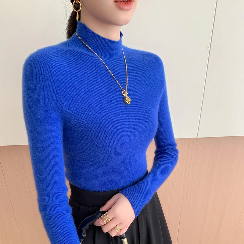 Autumn and Winter New Women's Cashmere Sweater 100% Pure Cashmere Semi High Neck Women's Pullover Soft Basic Women's Top