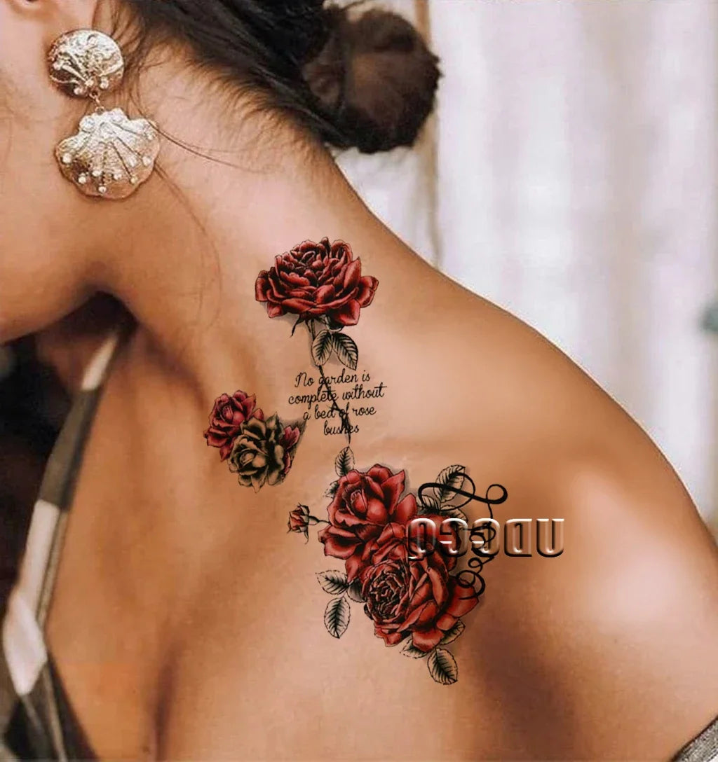 6pcs Red Temporary Rose Flower Arm & Leg Tattoo Stickers, Sexy Stripper Chest & Thigh Design, Waterproof, Perfect For Women