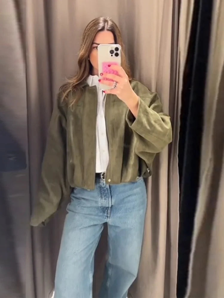 Vintage Brown Women's Suede Jacket Women Zipper Long Sleeve Pocket Loose Short Bomber Coat 2025 Spring Lady High Street Outwear