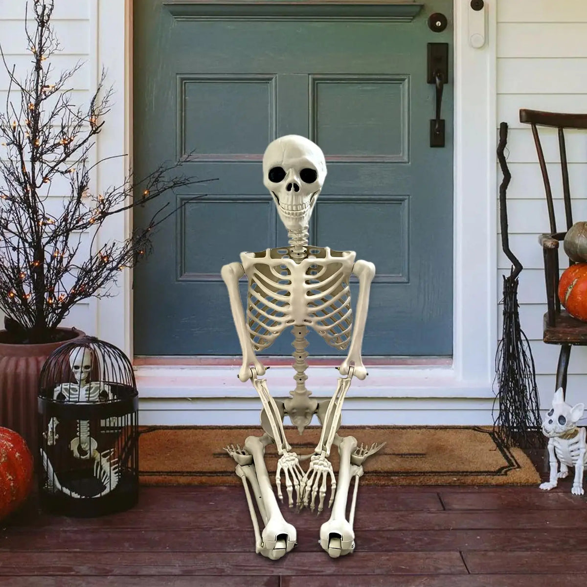 Full Life Size Haunted House Movable Skeleton Prop with Poseable Fake Human Skull Bones for Halloween Party Decoration