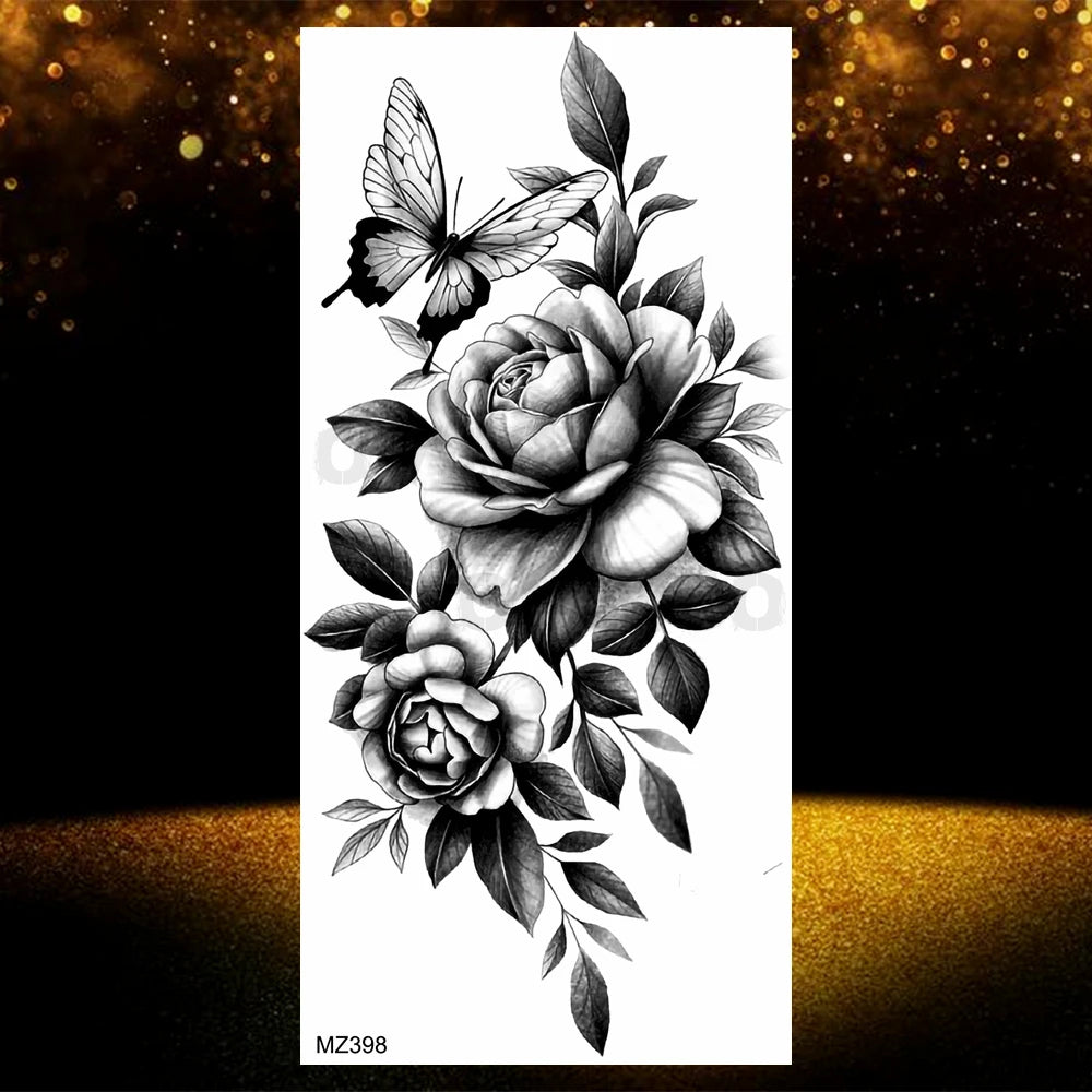 Realistic Black Rose Flower Temporary Tattoos Fake Waterproof Tatoo Body Art Arm Leg Floral Peony Bloosom Tattoo Stickers Makeup