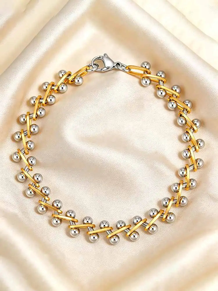 Beaded Bracelet for Women, Gold Silver Two Tone Stackable Minimalist Jewelry, Trendy Layered Bracelet Holiday Party Accessories