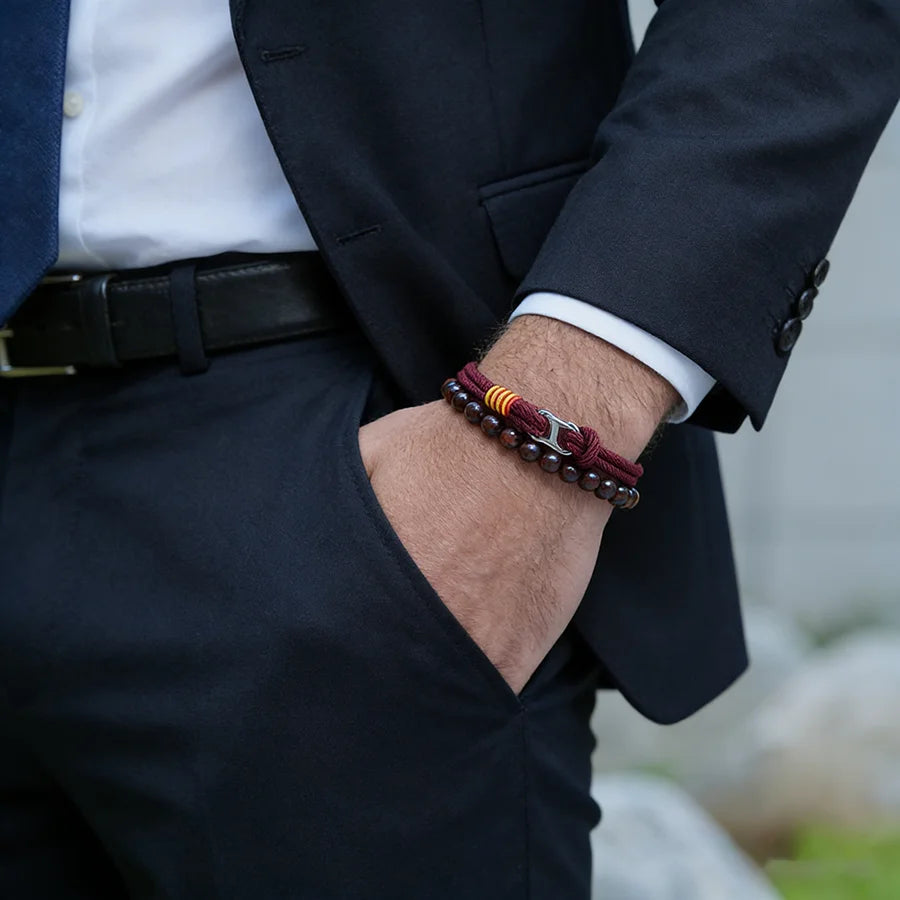 Business 2Pcs Luck Red Bracelet Set Men 6mm Stone Beads Handmade Nylon String Wristband Valentine Day Gift For Husband Jewelry