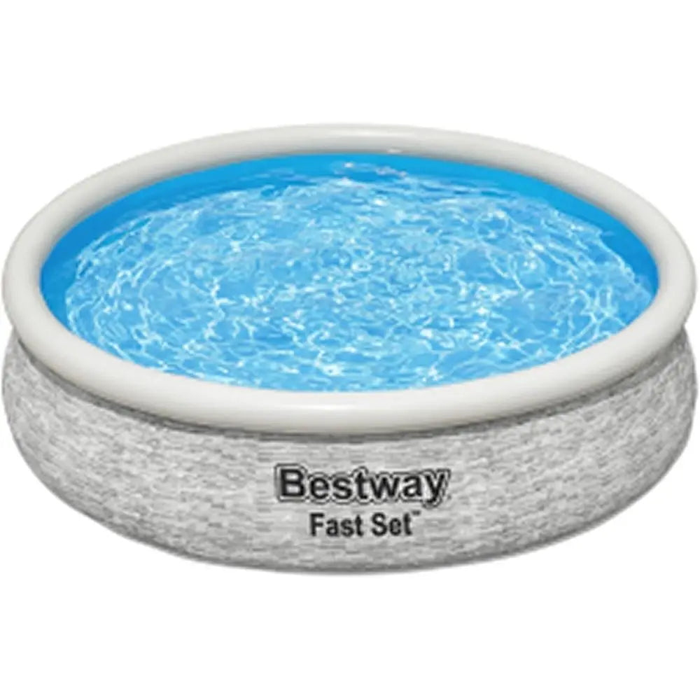 12' x 30 Round Above Ground Swimming Pool Set with Stacked Stone Exterior, Outdoor Family Pool, Gray