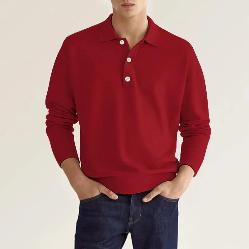 Men Long Sleeve Polo Shirt V Neck Button Up Casual Autumn Basic Solid Color Knitwear Tops For Men