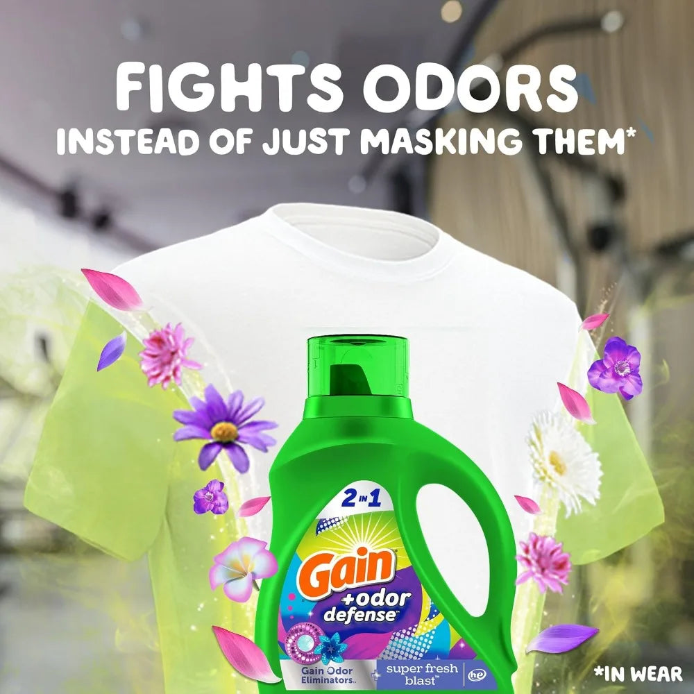 Gain Odor Defense Liquid Laundry Detergent, Super Fresh Blast, 194 fl oz, 134 Loads, HE Compatible