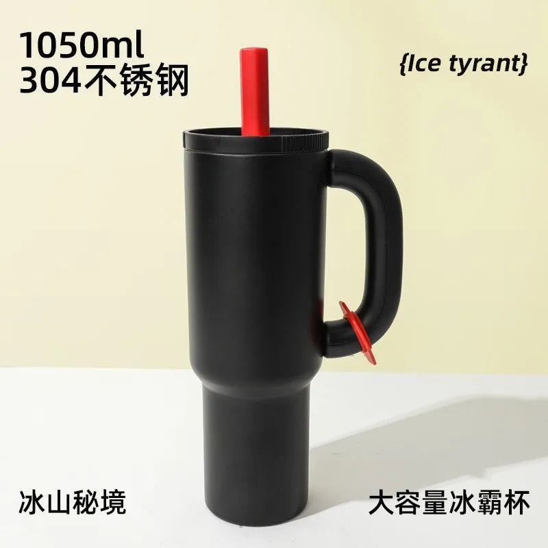 1050ml Insulated Mug with Handle and Straw Ice Cup Large Capacity Tumbler Stainless Steel Water Bottle Office Home Thermal Mug