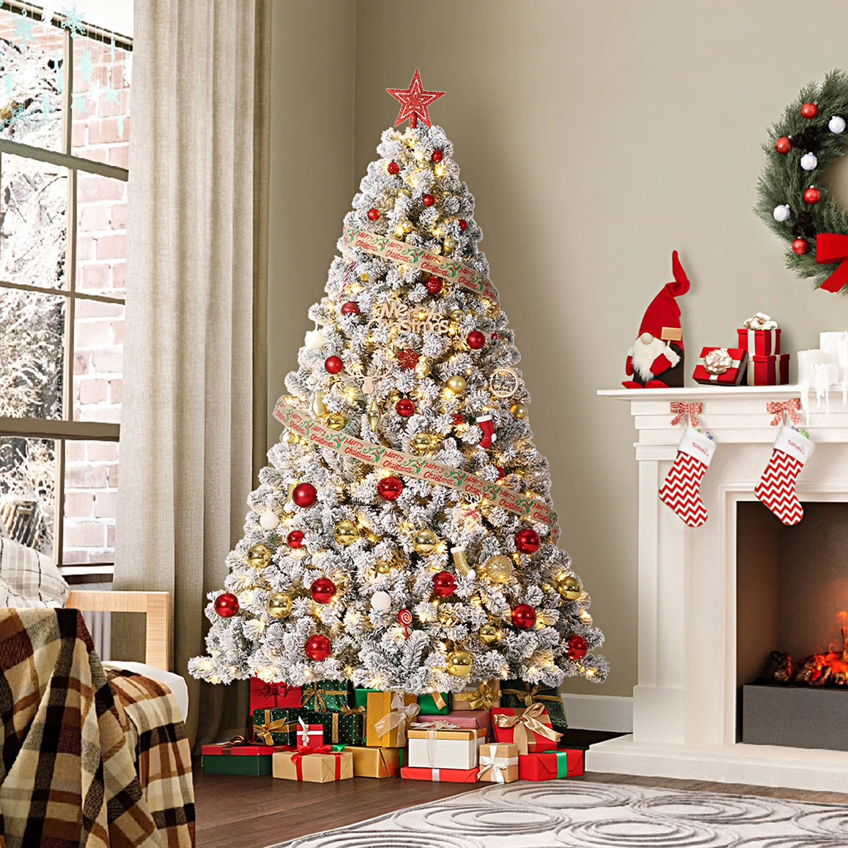 Prelit Artificial Christmas Tree with Dual Color LED Lights, Collapsible Metal Stand, Easy to Assemble, Easy to Assemble, for Indoor Winter Holiday Decoration