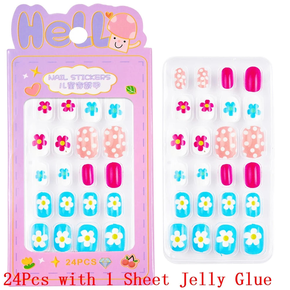 Children Press on Nails,24 Pcs Fake Nails Tips for Kids Acrylic Nails Pre-glue Full Cover Short False Nails Cute Fingernails