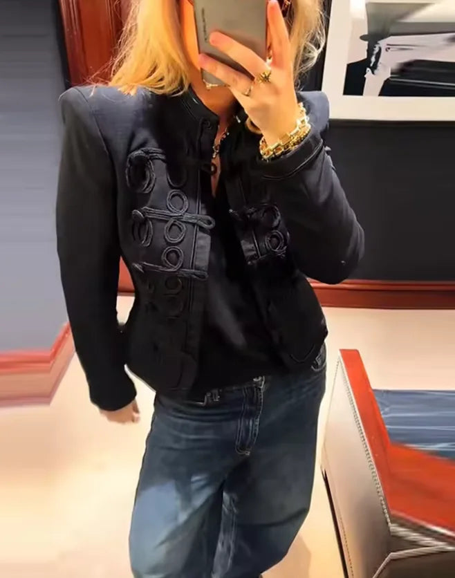 Retro Denim Military Jacket Women Vintage Solid Single Breasted Stand Collar Slim Short Coat 2026 Lady Daily Street Outerwear