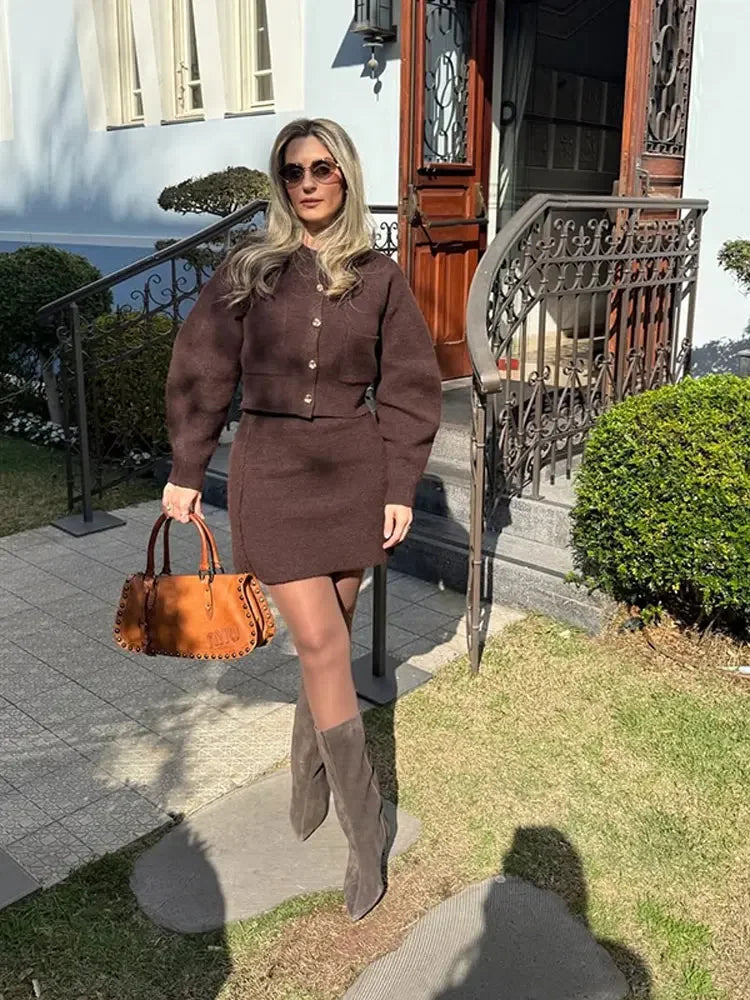 Elegant Brown Knitted Cardigan Skirt Suit Women Single Breasted Sweater Mini Skirts Set 2025 Autumn Chic Street Lady Outfits