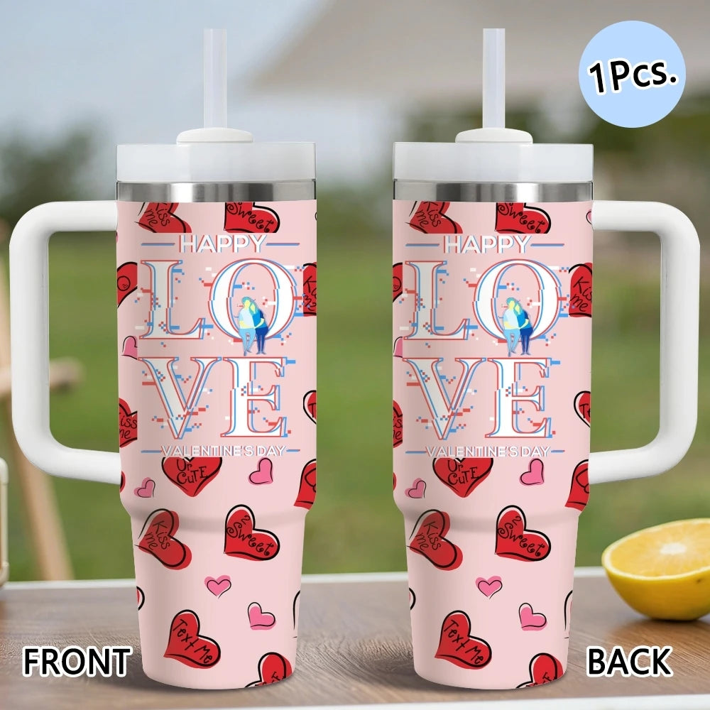 Happy Love Valentine's Day Vacuum Flasks 40oz Stainless Steel Vacuum Insulated Tumbler with Straw Leak Resistant Travel Mug