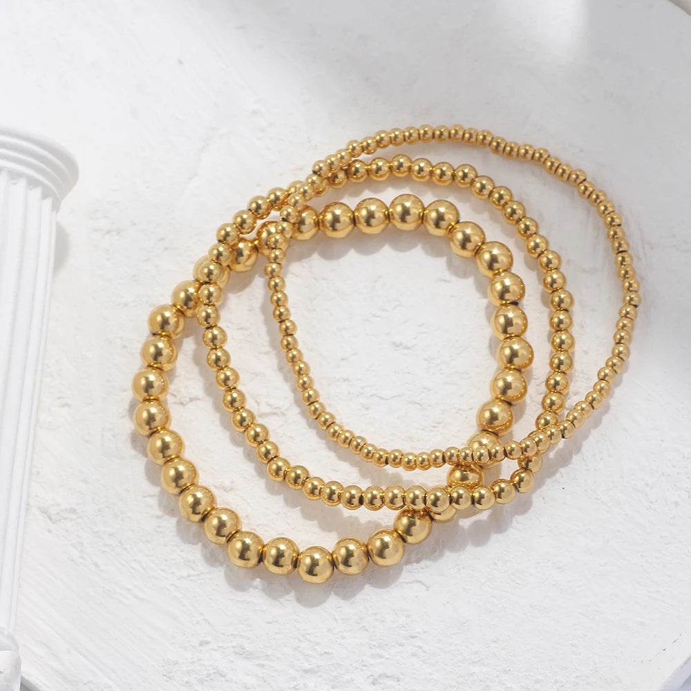 3Pcs/Set 18K Gold Plated Stainless Steel Beaded Bracelets For Women Trendy Jewelry Cuff Metal Beads Gift