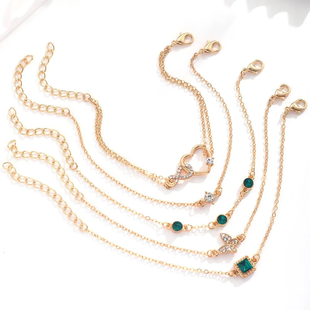 5Pcs/Set Halloween Heart Green Crystal Stone Bracelet Set for Women Gold Color Lovely Butterfly Rhinestone Girls Bracelet Set