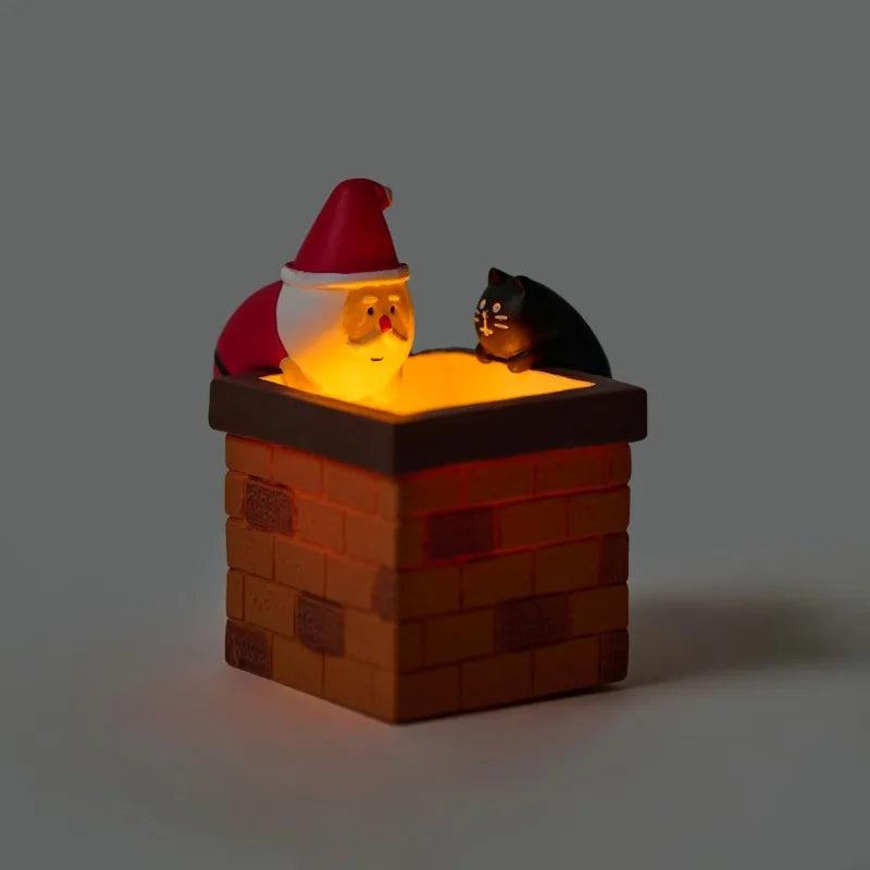 1 PC Glowing Chimney Santa Claus and Cat Decoration Illuminated Novelty Christmas Gift for Holiday Display Resin Figurines Craft