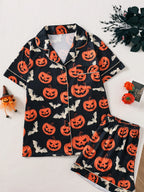 Women's Halloween Pumpkin Print Pajama Set Short Sleeve Button Up Top and Shorts Casual Sleepwear Loungewear Homewear Set