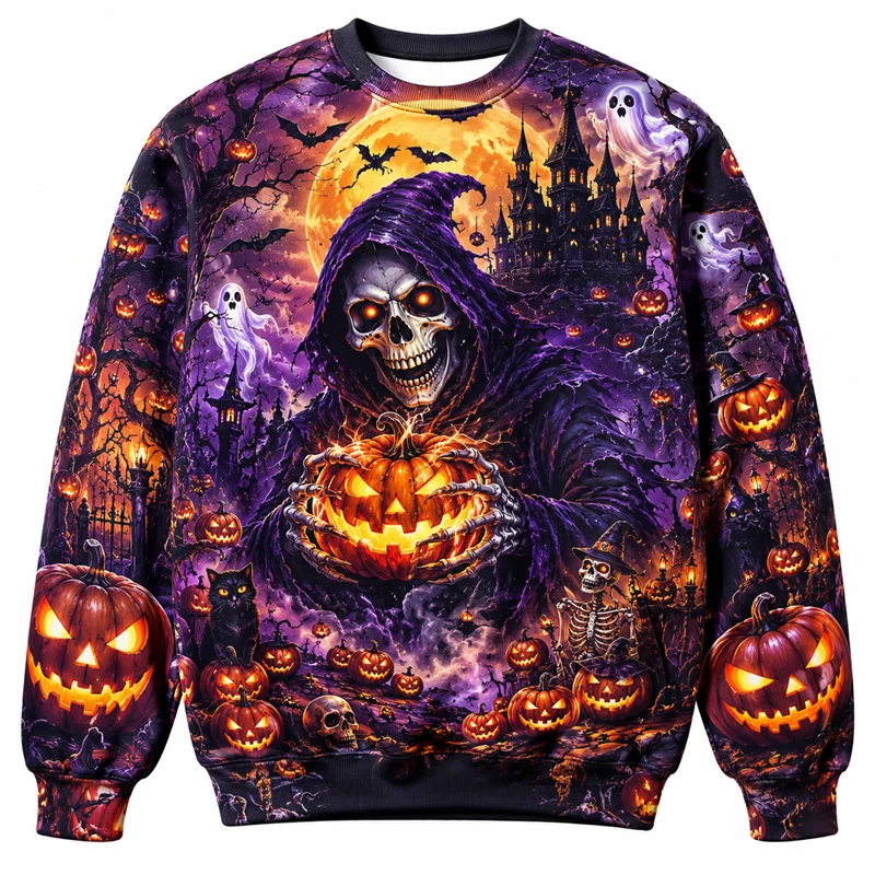 2026 New Pumpkin Skeleton Graphic Halloween Sweatshirts Fashion Holiday Wear Unisex Crew Neck Sweater Loose Streetwear Pullovers