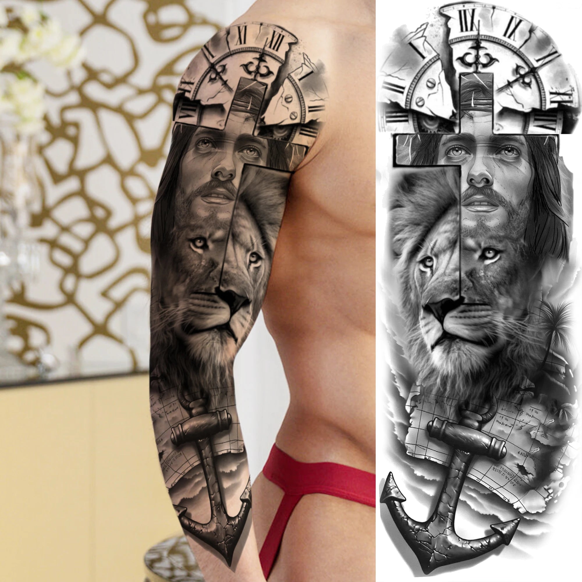 1 Sheet Full Arm Leg Robber Joker Gangster Temporary Tattoos Long Large Bad Guy Nun Fake Tattoo Sleeve Waterproof  Tatoo Sticker