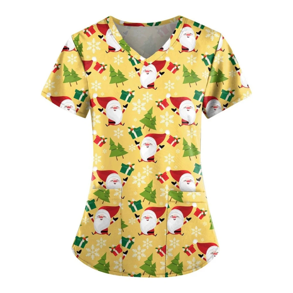 Christmas Scrubs Medical Uniforms Woman Fashion Snowman Print Summer Casual V-Neck Short Sleeve with Pockets Surgical Uniform