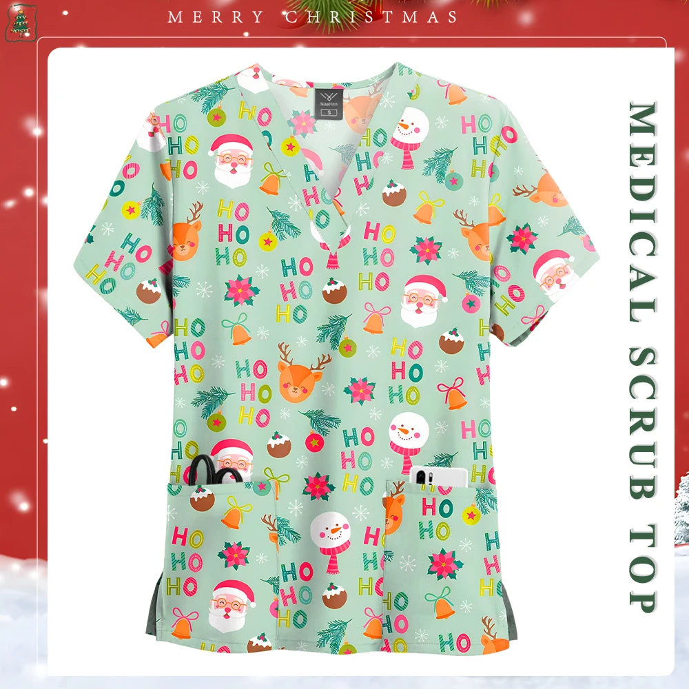 Women Men Christmas Scrubs Top Short Sleeve Pockets Surgery Blouse V-neck Medical Clothes Unisex Spa Dental Vet Surgical Uniform