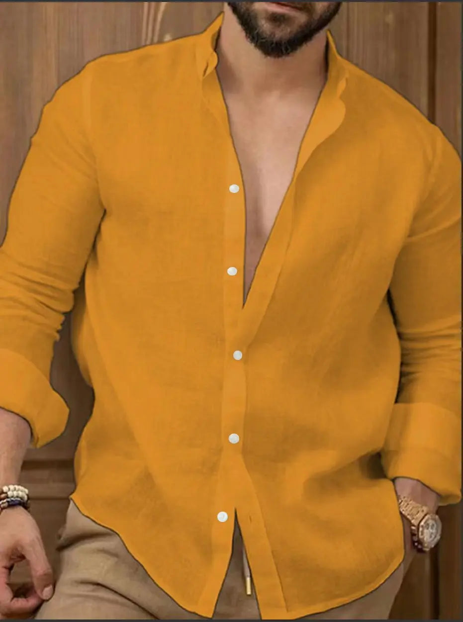 Men's Solid Color Cotton Linen Shirt Classic Button-Up Lapel Long Sleeve Loose Casual Top Spring Summer Fashion 2026