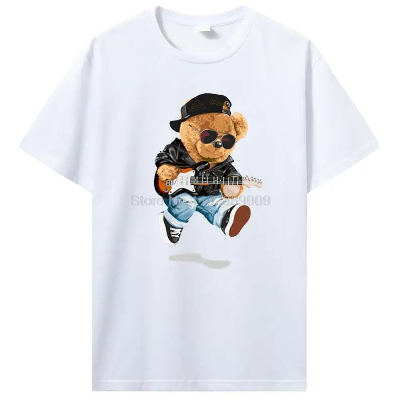 Teddy Bear Playing Badminton T-shirt Cotton Clothing Tops Graphics Kawaii Men Women Short Sleeve Print TShirt Tees