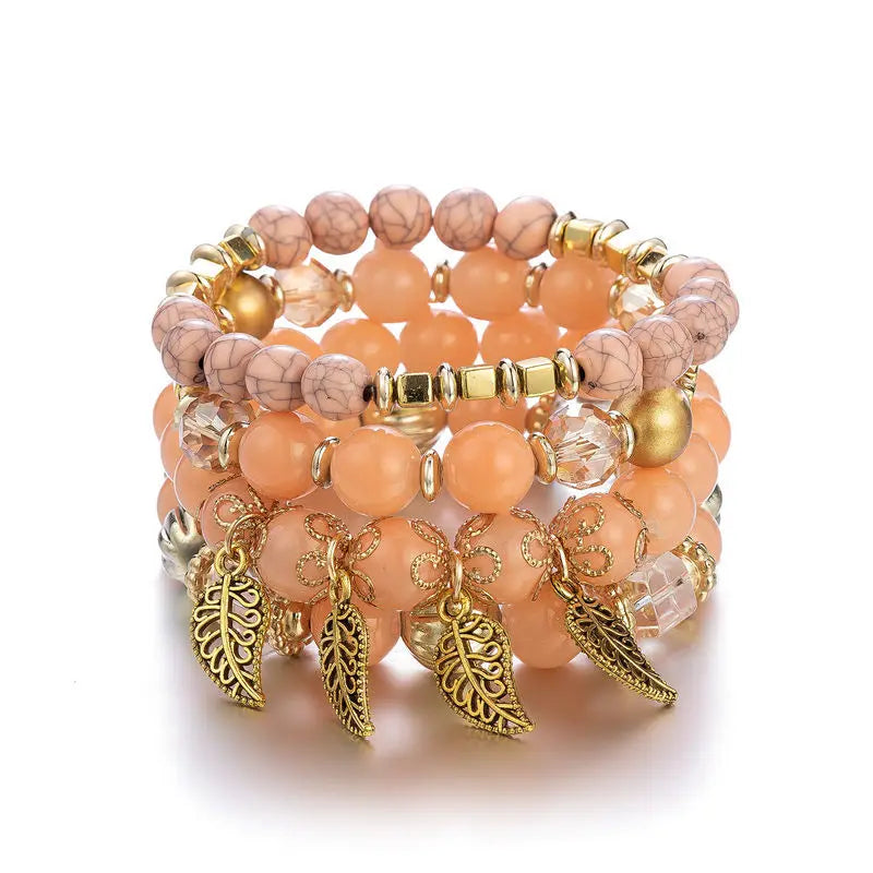 4Pcs Fashion Stone Beads Bracelets Set For Women Retro Gold Color Leaves Charm Beaded Chain Handmade Bangle Boho Jewelry