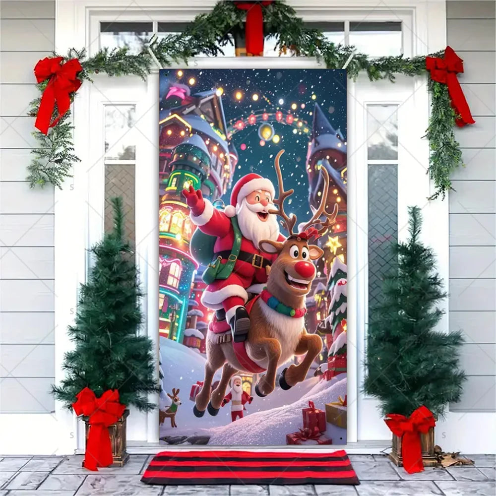 Christmas Theme Santa Claus Santa Dog Snowman Door Cover Banner Festive Party Decoration Supplies Photography Props Xmas Gifts