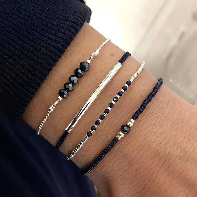 4PCS Fashion  Black Glass Stone Bracelet Set For Women Bohemian Multilayer Stacked Rice Beaded Link Chain Jewelry