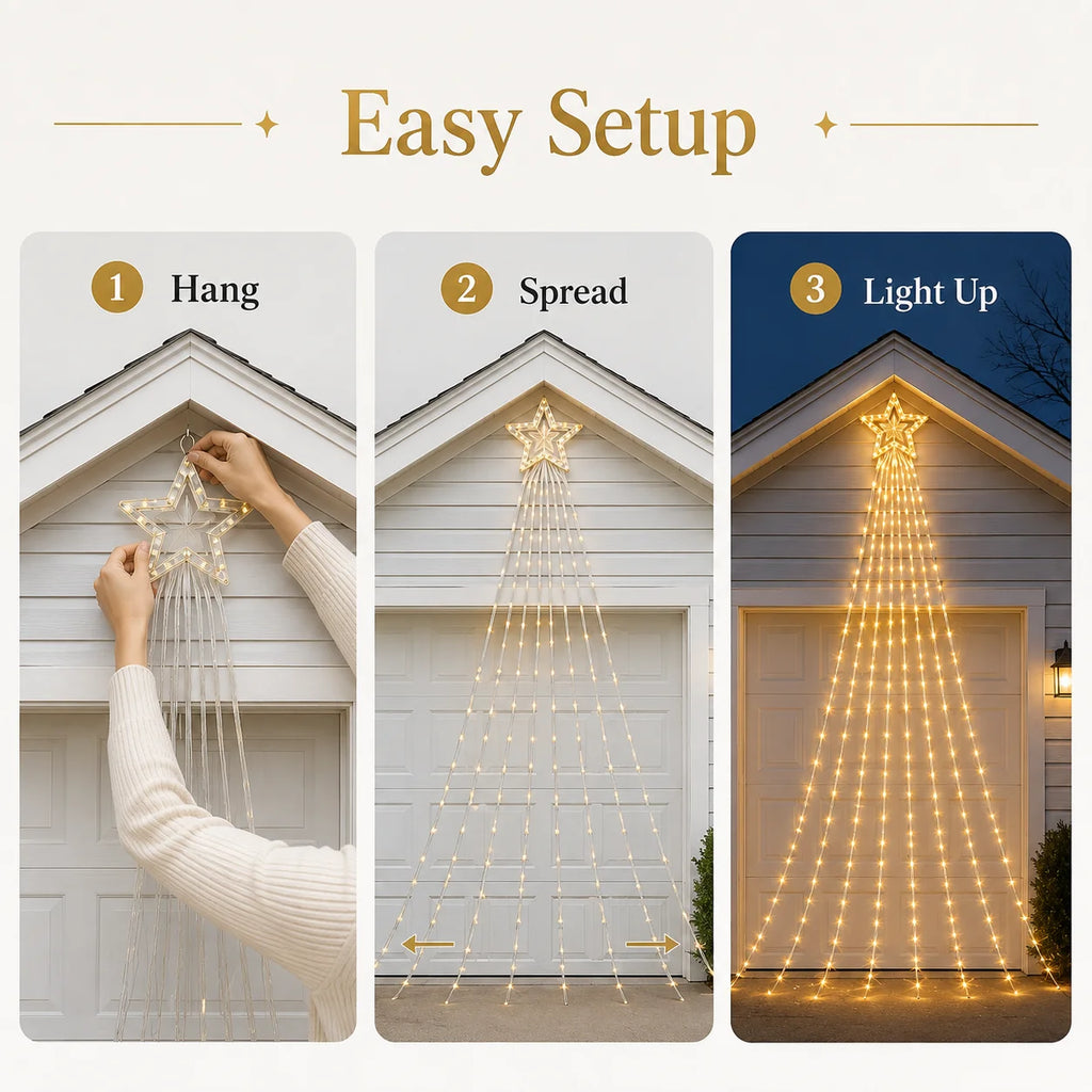 Solar Christmas Tree Lights Star Waterfall String Lights 200/290LED 8 Modes Outdoor Garden Yard Patio Holiday Christmas Decor