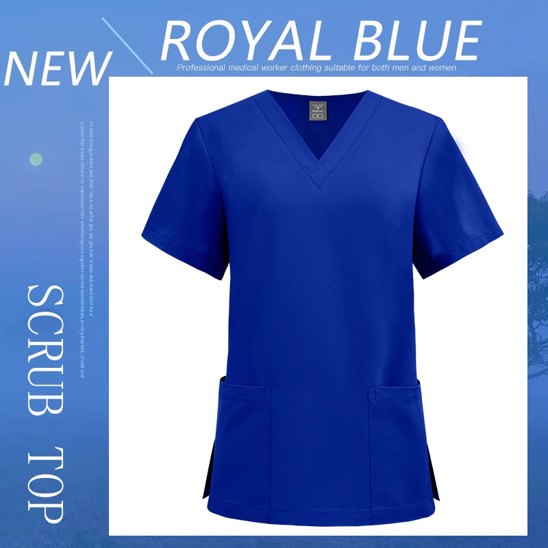 Women Men Solid Color Scrubs Top Short Sleeve Pockets Surgery Blouse V-neck Medical Clothes Unisex Dental Vet Surgical Uniforms