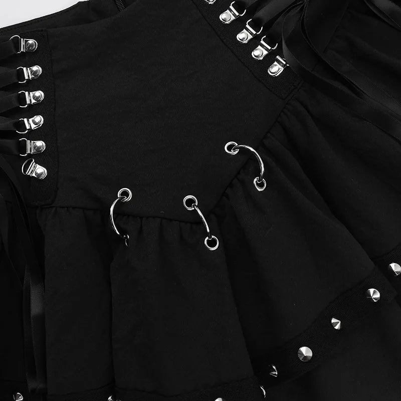Halloween Dark Gothic Skirt Women Vintage Streetwear Y2k Cyberpunk Chain Cross Lace-up Corset Skirt Harajuku Cake Skirt