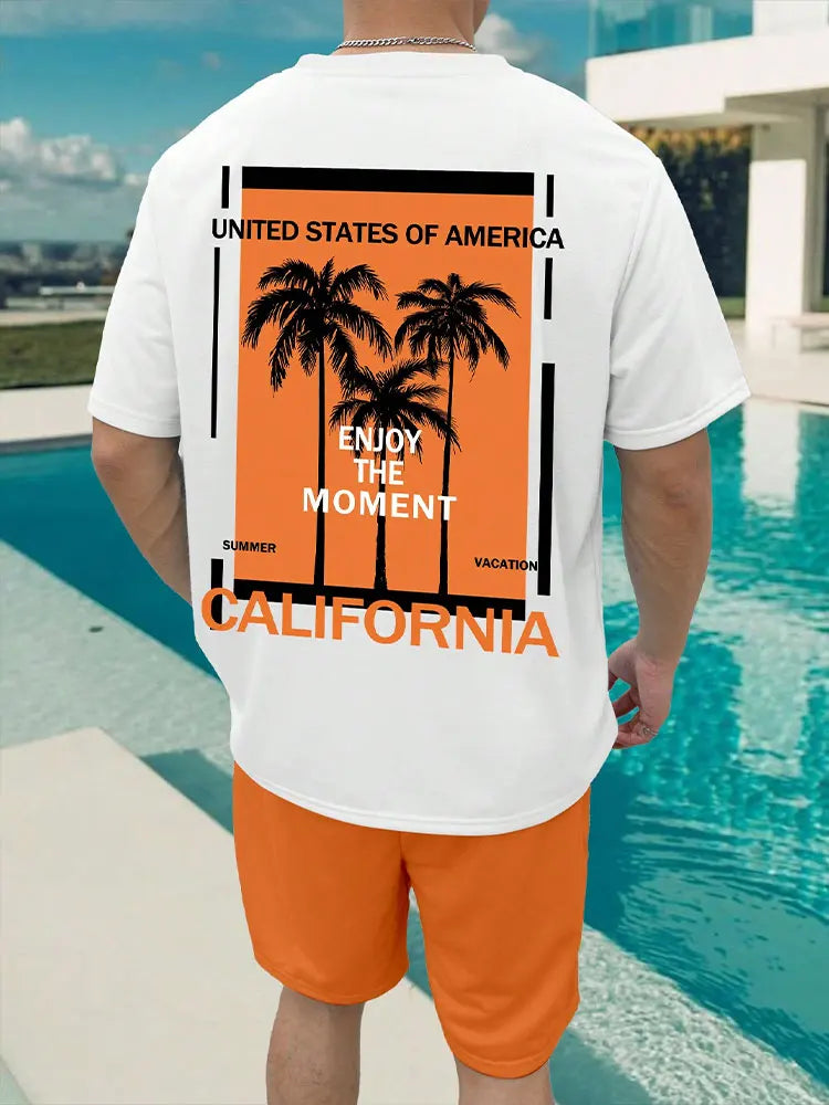 Summer men's two-piece set Hawaii fashion casual men's T-shirt outdoor beach men's shorts palm tree print O-neck short sleeved l
